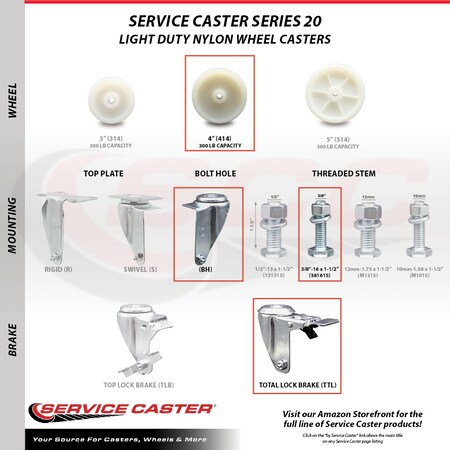 Service Caster 4 Inch Nylon Wheel Swivel 3/8 Inch Threaded Stem Caster Total Lock Brakes, 2PK SCC-TSTTL20S414-NYS-381615-2-S-2